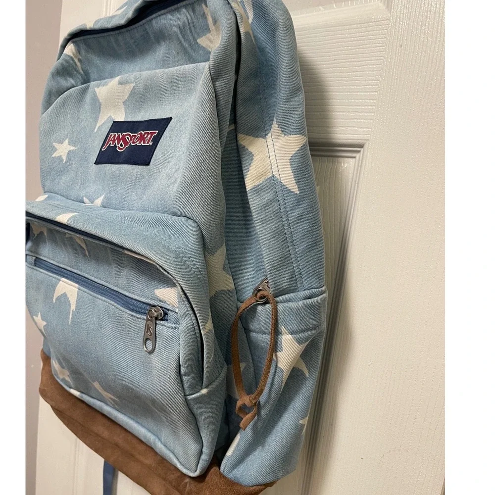JanSport Right Pack Backpack Blue Denim Star Print Suede Bottom School Bag